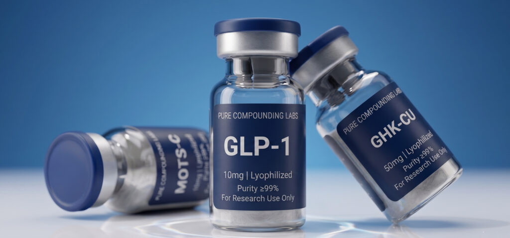 Pure Compounding Labs GLP-1, MOTS-C, and GHK-Cu research compound vials
